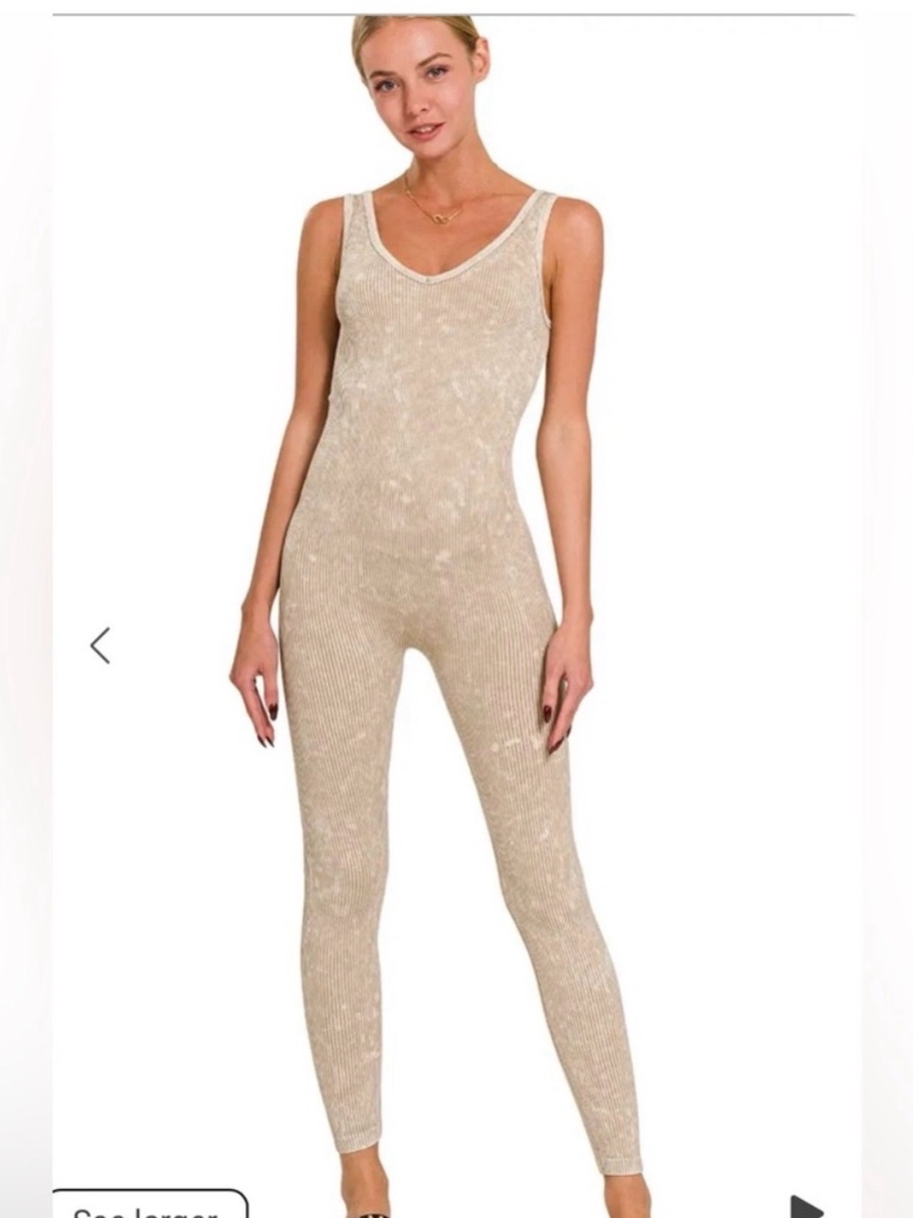 Zenana Outfitters Sleeveless Ribbed Jumpsuit in stone washed sand beige